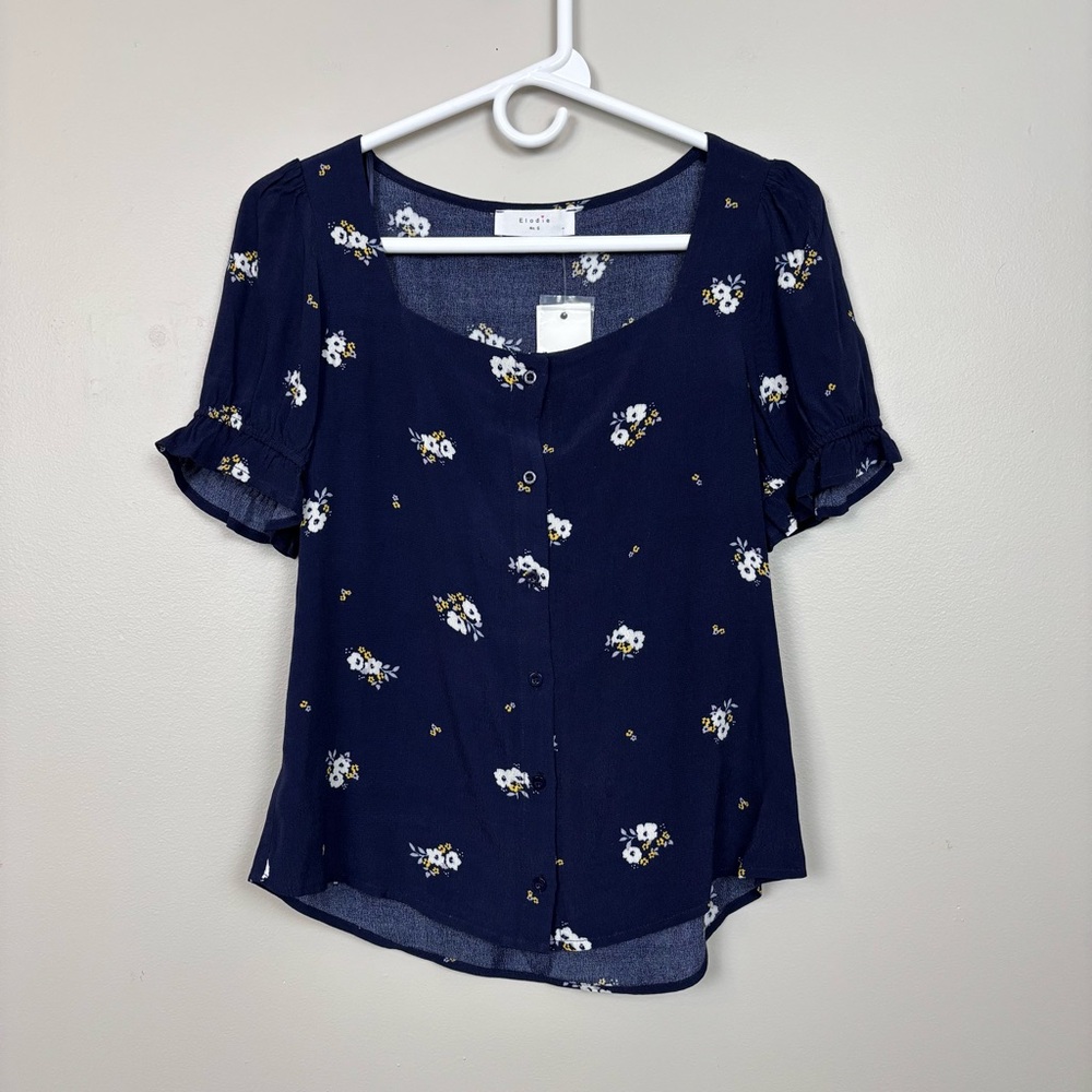 Elodie Top‎ Small Blue Floral Puff Sleeve Button Front Blouse